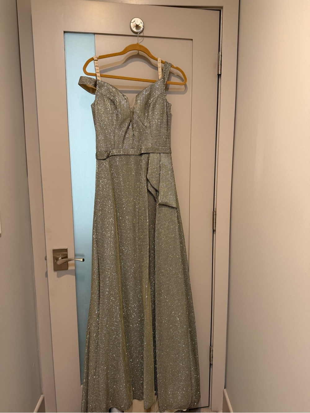 JVN Silver Sparkle Off-Shoulder A-Line Prom Gown